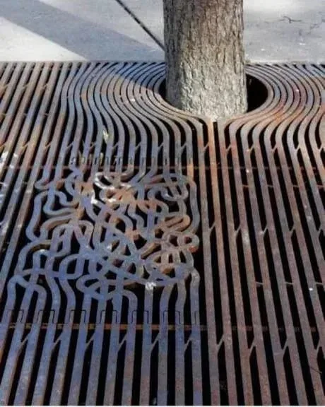 A close-up photo shows a tree growing through a metal grate on a sidewalk, with the grate's bars visibly bent and warped…
