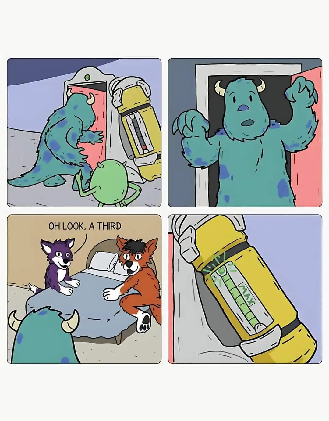A four-panel comic strip featuring characters from Monsters, Inc. and a cartoon fox and wolf. In the first panel, Sulley and…