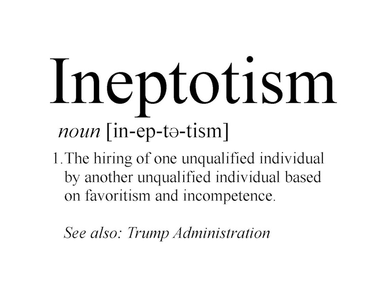 The image displays a mock dictionary entry for the word 'Ineptotism,' defined as 'The hiring of one unqualified individual…