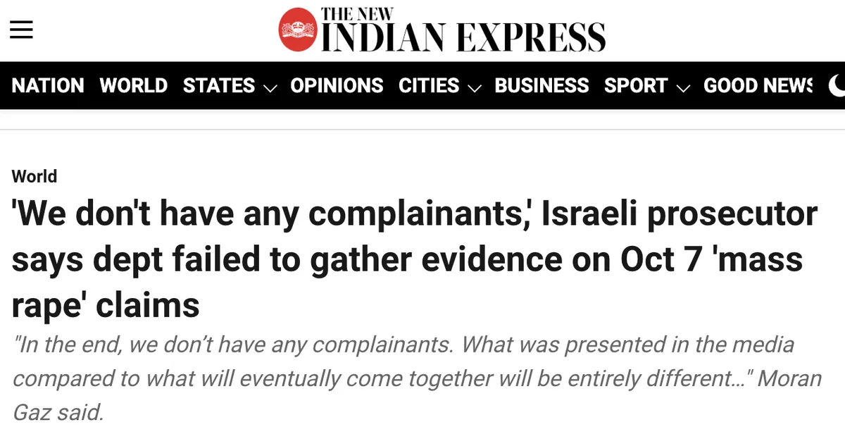 A screenshot of a news article from 'The New Indian Express' with the headline: 'We don't have any complainants,' Israeli…
