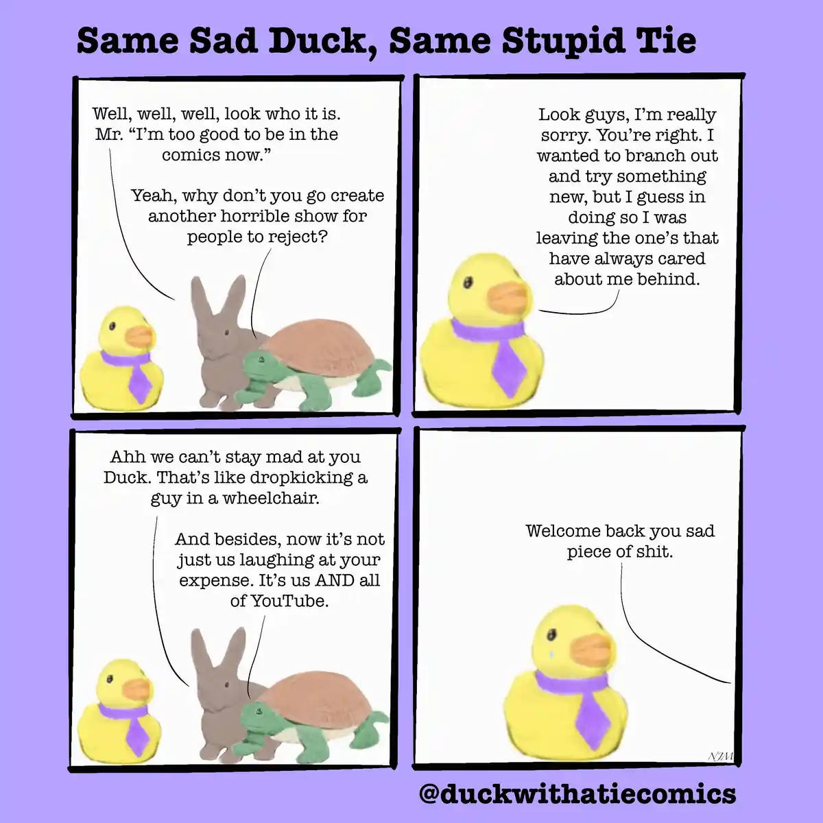 A four-panel comic featuring a yellow rubber duck with a purple tie, a brown rabbit, and a green turtle. In the first panel…