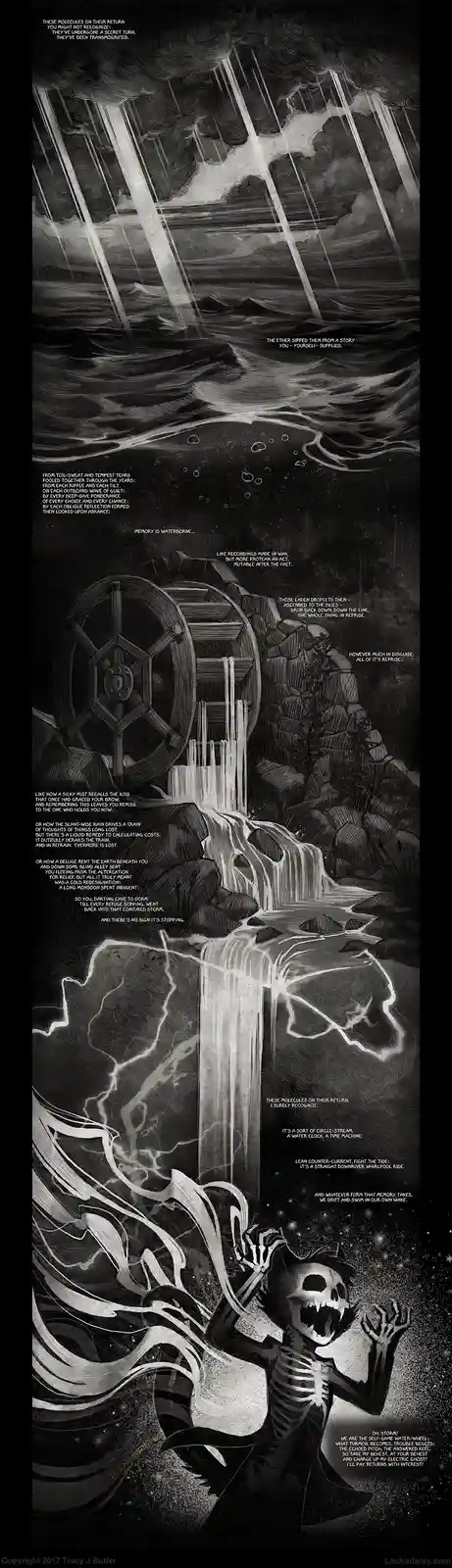 A black-and-white surreal illustration depicts a skeletal figure with a wide-open mouth, surrounded by swirling water…