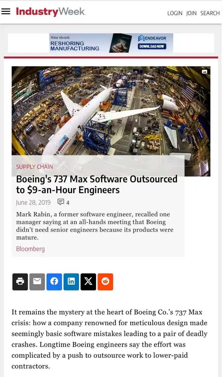 An IndustryWeek article screenshot shows a photo of a Boeing 737 Max airplane under construction in a factory. The headline…