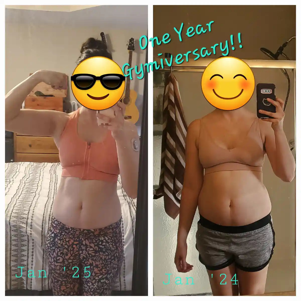 A side-by-side comparison of a woman's physique, labeled 'Jan '25' (left, showing defined abs and flexing arm) and 'Jan '24'…