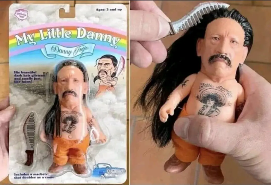 The image shows a split-screen: left side displays a toy package for 'My Little Danny Danny Trejo' with cartoonish text…