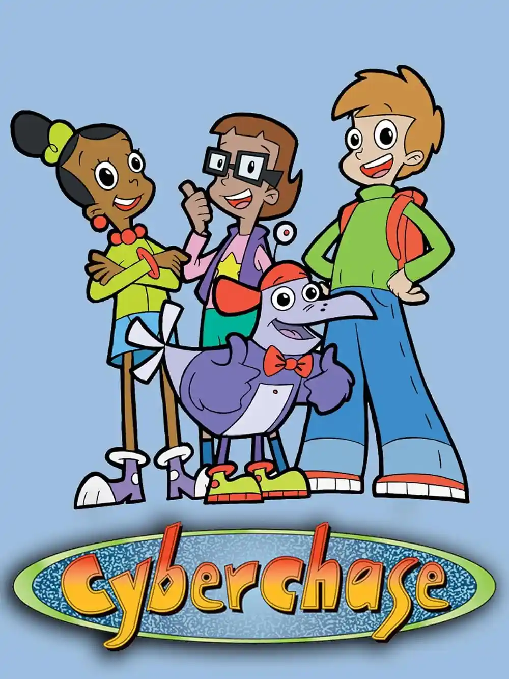 The promotional poster for the children's educational animated series 'Cyberchase' features four main characters: three…