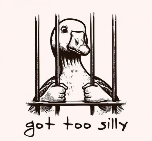 A black-and-white illustrated duck is depicted behind prison bars, gripping the bars with both hands, looking upward with a…