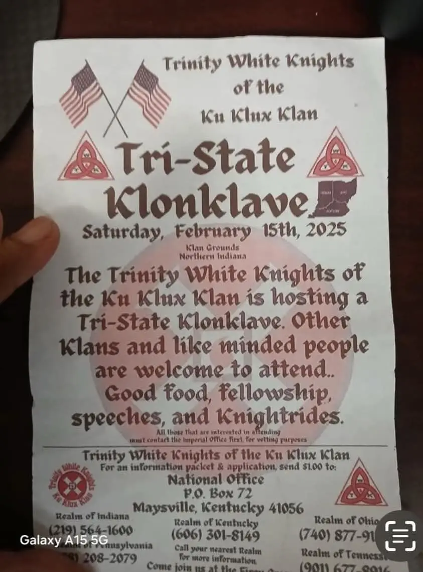 A printed flyer for a 'Tri-State Klonklave' hosted by the 'Trinity White Knights of the Ku Klux Klan' on February 15th…