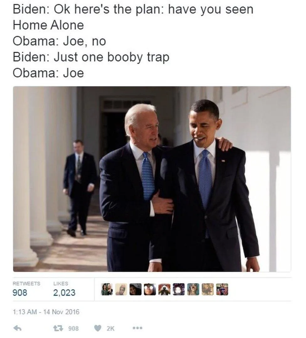 Two men in suits walk together, one with his arm around the other's shoulder. The overlaid text shows a dialogue where Biden…