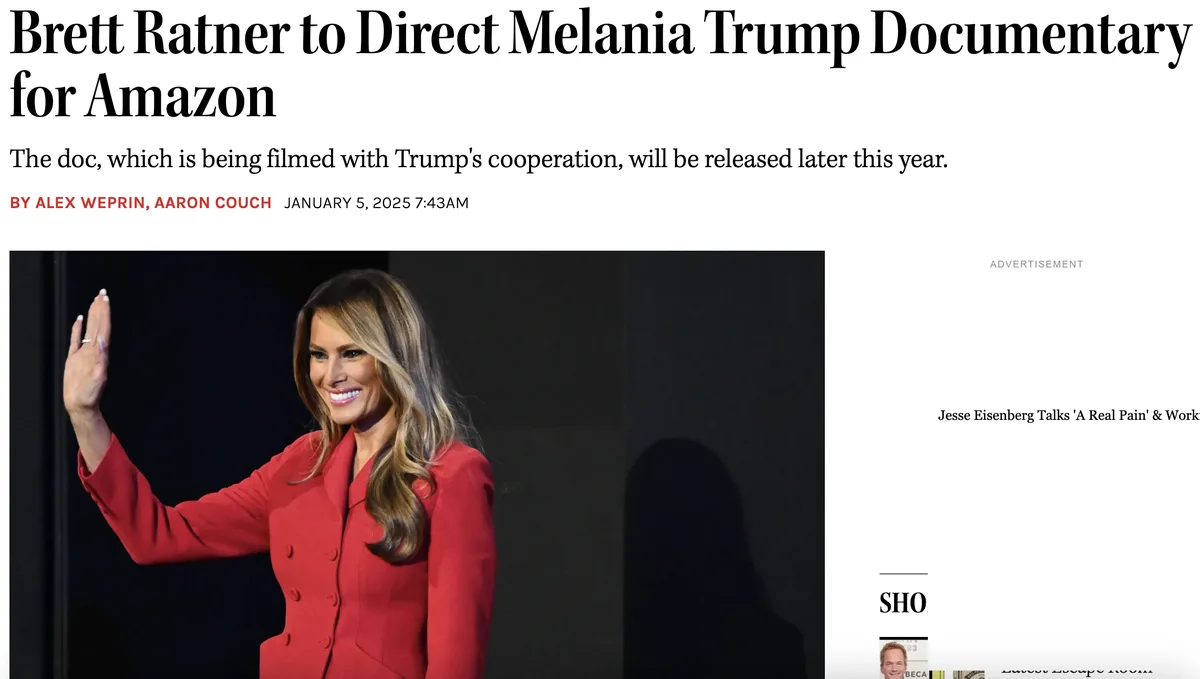 A screenshot of a news article headline reads 'Brett Ratner to Direct Melania Trump Documentary for Amazon' with a photo of…