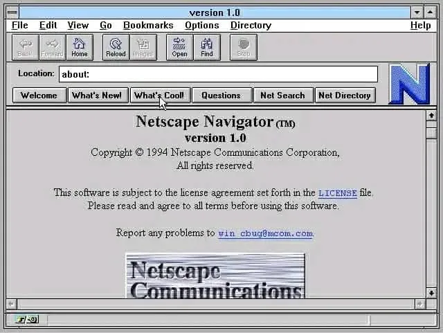 A screenshot of the Netscape Navigator 1.0 browser's 'about' page, showing a gray interface with menu bars, buttons like…