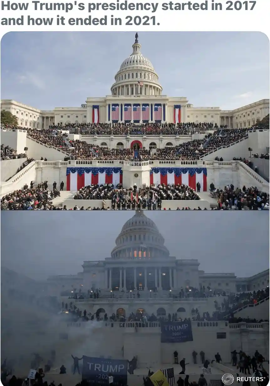 The image is split into two photos of the U.S. Capitol. The top photo shows a large, orderly crowd at a formal inauguration…