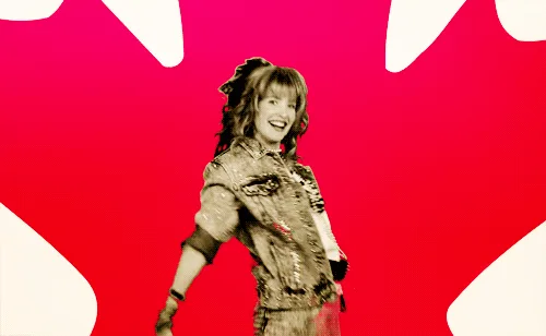 A composite image shows a young girl in a denim jacket and skirt dancing energetically in front of a large red maple leaf…