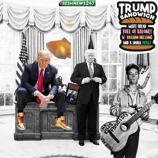 A digitally altered image shows Donald Trump seated on a throne-like desk, wearing gold sneakers, with a floating goldfish…