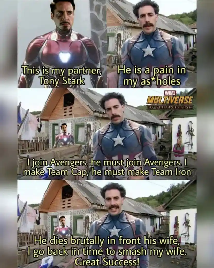 A three-panel meme featuring a man in a Captain America costume (with a mustache) and Iron Man. In the first panel, he…
