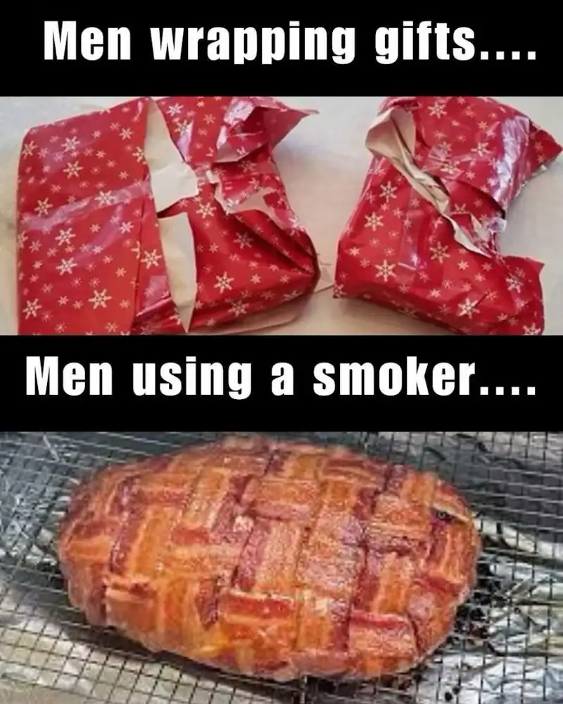 The top panel shows two poorly wrapped gifts in red paper with white snowflake patterns, taped haphazardly. The bottom panel…