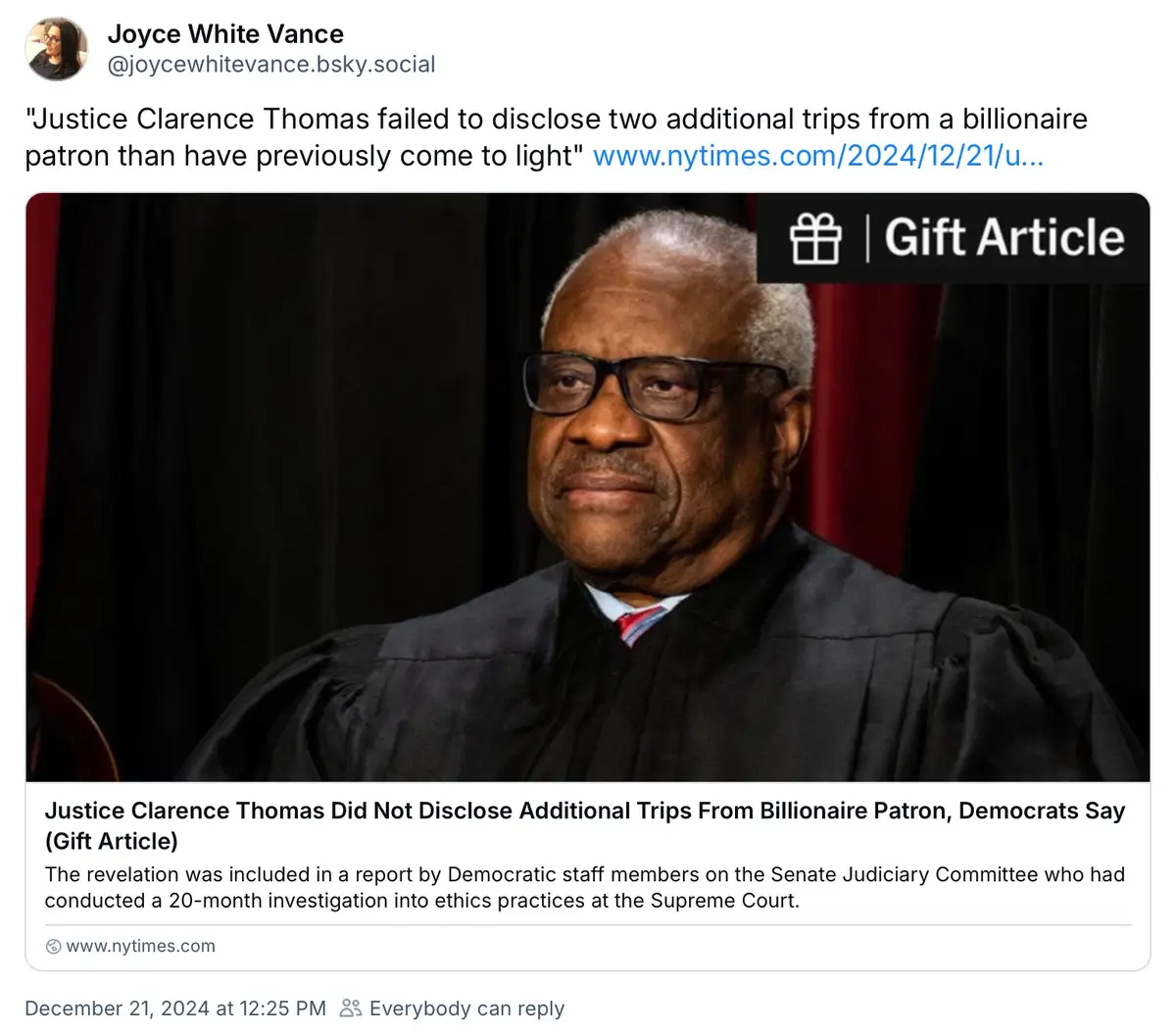 A screenshot of a social media post by Joyce White Vance showing a news article about Justice Clarence Thomas. The article…
