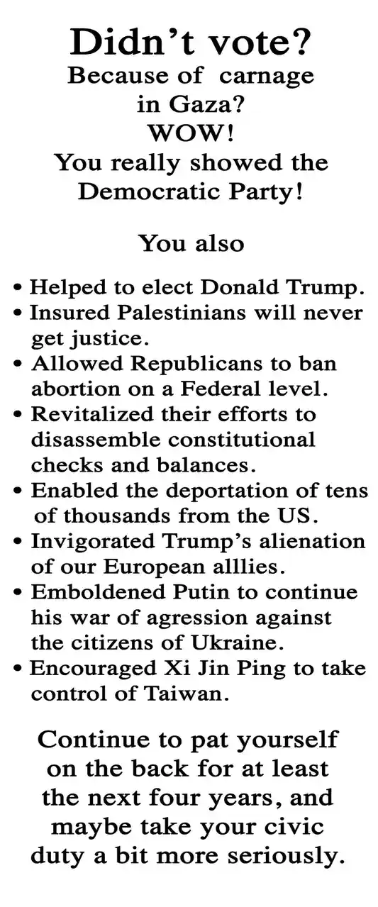 A white background image with black text that sarcastically lists the consequences of not voting, starting with 'Didn't…