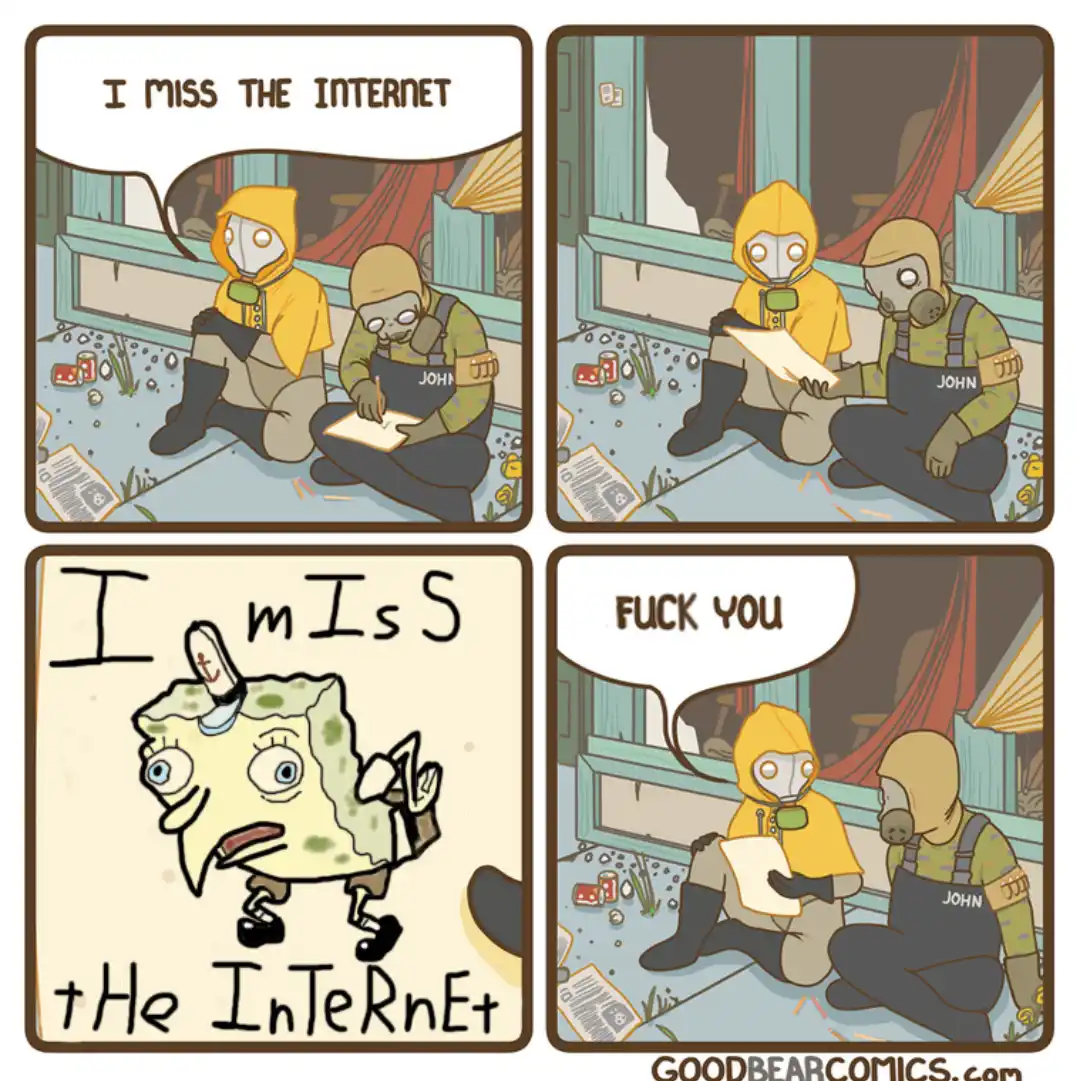 A four-panel comic shows two people in gas masks and overalls sitting on the floor in a ruined room. The first panel has one…