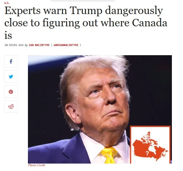 A screenshot of a news article header with a photo of Donald Trump looking confused, next to a small red map of Canada with…