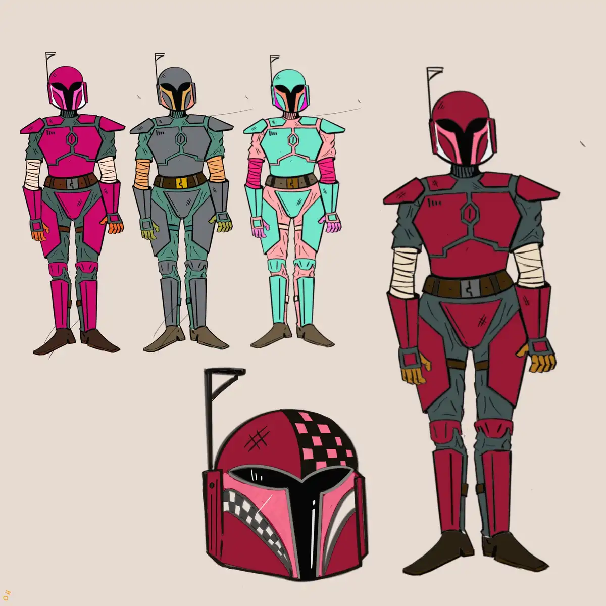 The image displays four full-body illustrations of Boba Fett-style armor designs, three in pastel color schemes (pink, teal…