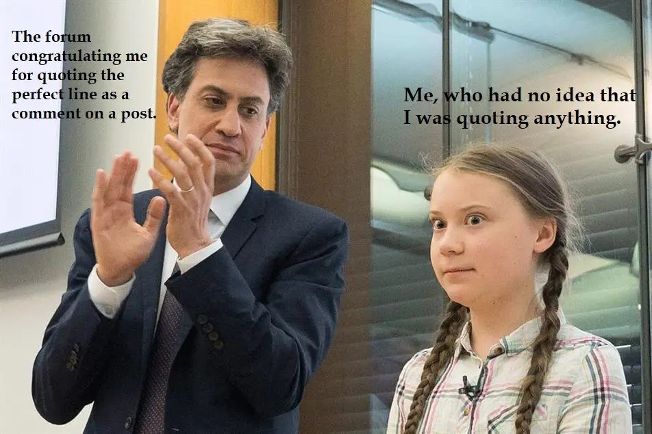 The image shows two people side by side: a man in a suit clapping his hands, and a young girl with braids looking blankly…