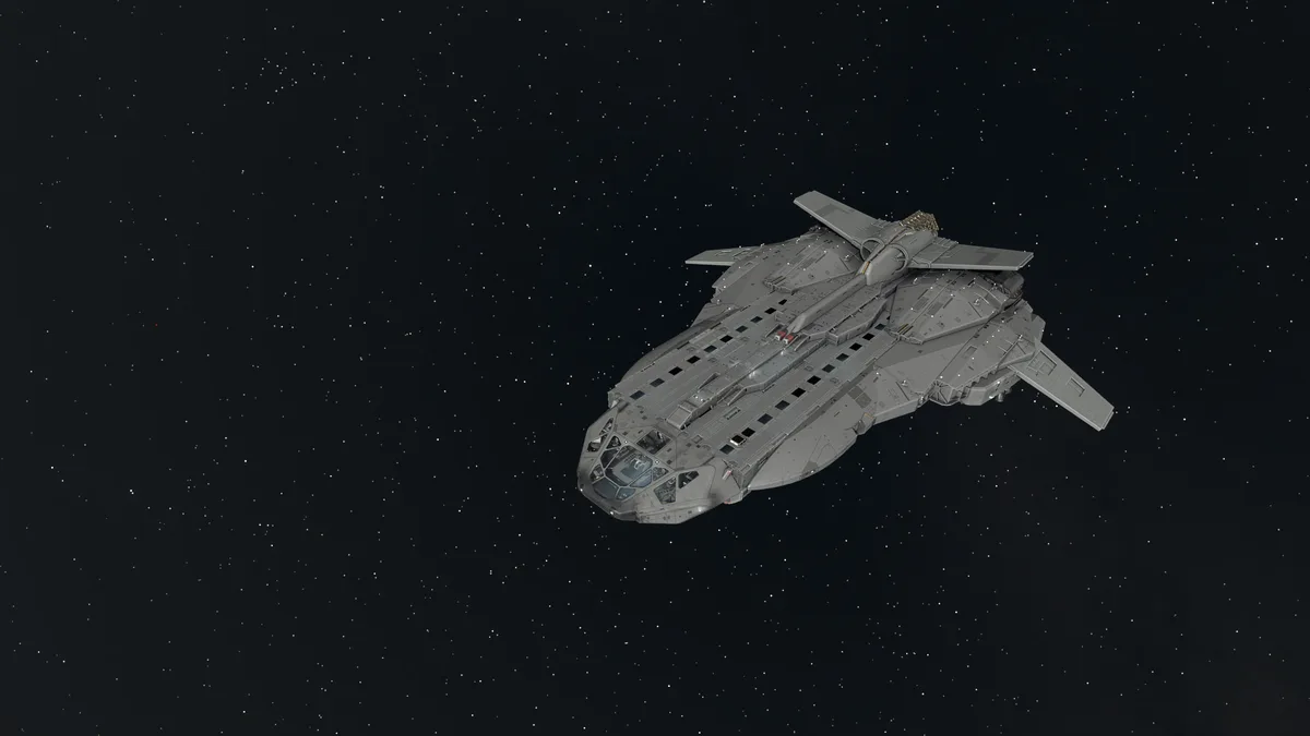 A large, detailed grey spaceship with wings and a cockpit is shown floating in a starfield. The overlaid text reads 'i'm not…