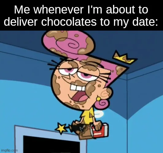 A cartoon character with a messy, chocolate-covered face and hair, wearing a yellow shirt and holding a box of chocolates…