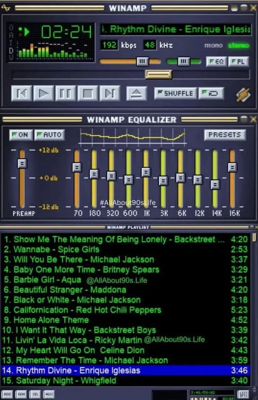 A screenshot of the Winamp media player interface showing a playlist of 90s hits like 'Wannabe' and 'Baby One More Time'…