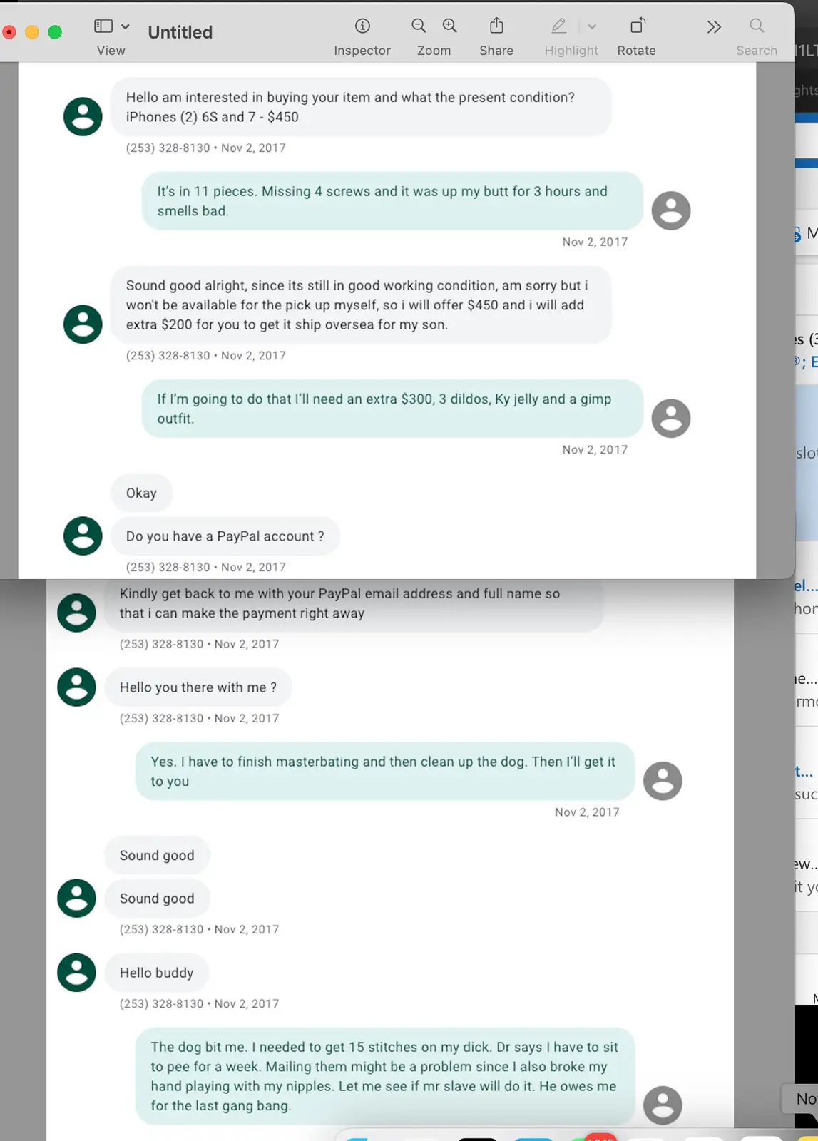 A screenshot of a text conversation between two people discussing the sale of iPhones, where one person requests outrageous…