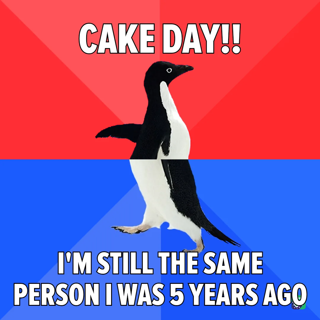 A black-and-white penguin stands centered against a red-and-blue background, with bold white text at the top reading 'CAKE…