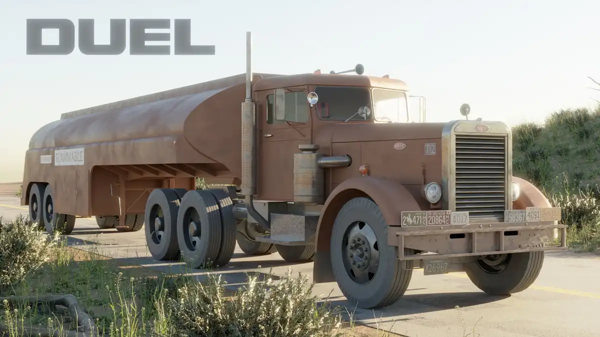A vintage brown tanker truck with multiple wheels and a 'FLAMMABLE' label on its side is parked on a desert road, with the…