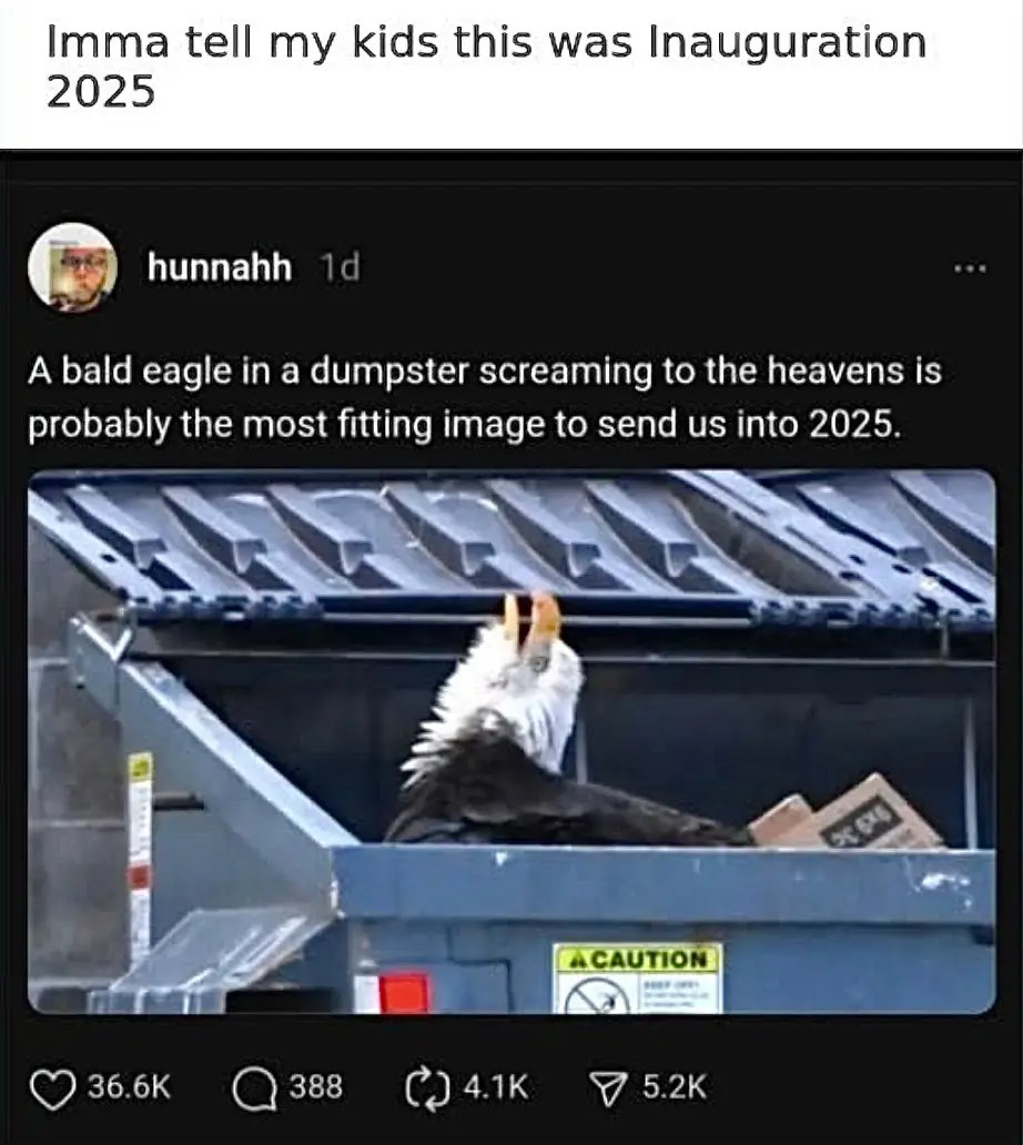 A bald eagle is perched inside a blue dumpster, its head tilted back and beak open as if screaming. The image is overlaid…