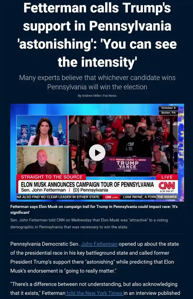 A screenshot of a CNN news article with a headline about Sen. John Fetterman calling Trump's support in Pennsylvania…