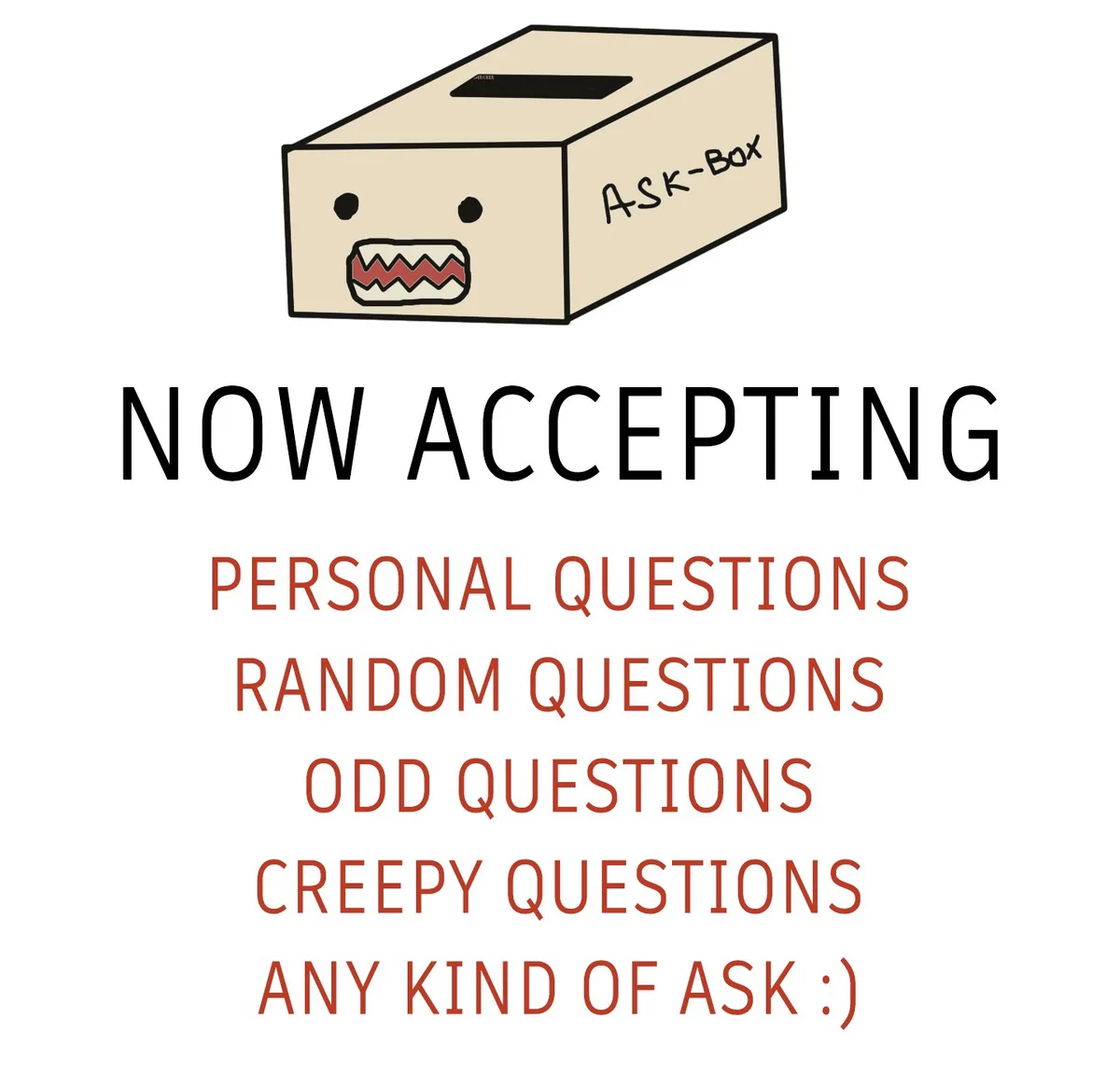 A cartoonish beige box labeled 'ASK-Box' with a simple face drawn on it, featuring two black dots for eyes and a jagged red…