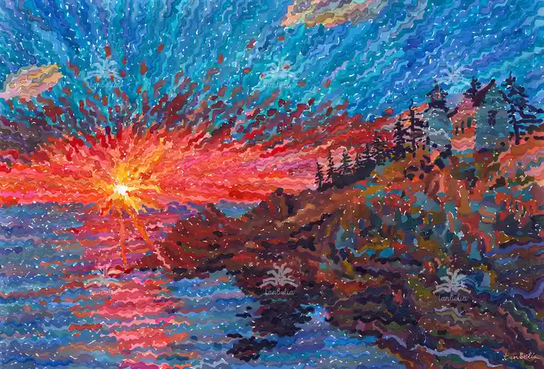 A vibrant, stylized watercolor painting depicts a dramatic sunset or sunrise over a body of water, with fiery orange and red…