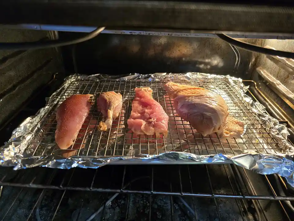 Raw chicken pieces sit on a wire rack over foil inside an oven, with text overlaid that reads 'i put the chicken in the oven…