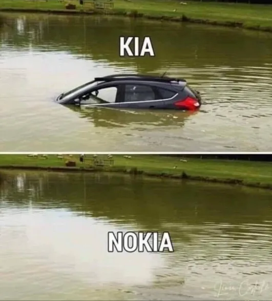 The image is split into two panels. The top panel shows a dark gray car partially submerged in murky water with the word…
