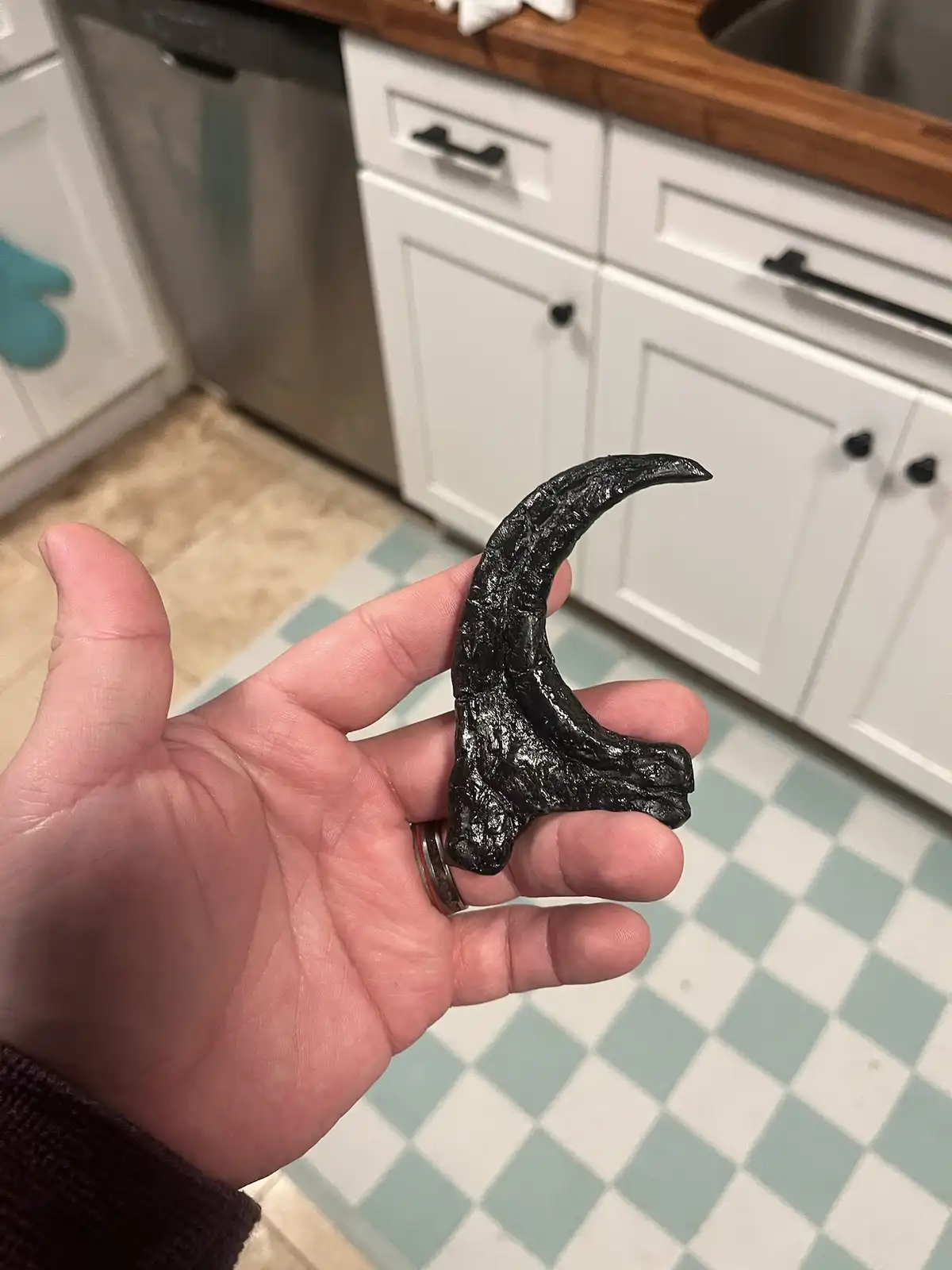 A person holds a black, curved, claw-shaped object in their hand over a kitchen with white cabinets and a checkered floor…
