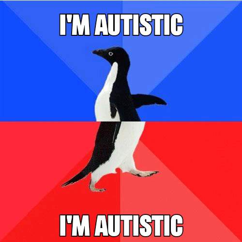 A black-and-white penguin stands centered against a split background of blue and red diagonal sections. The text 'I'M…