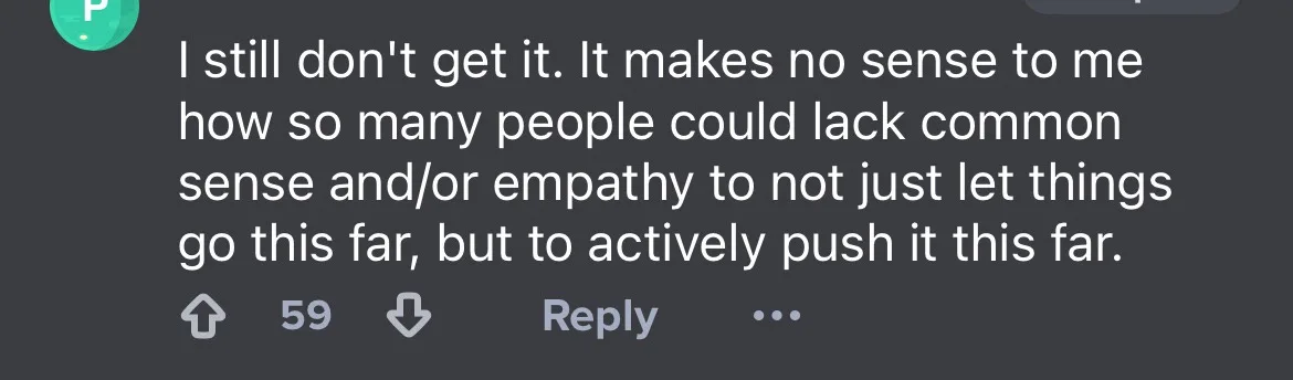 A screenshot of a dark gray Reddit comment box showing a user's post with white text expressing confusion about people…