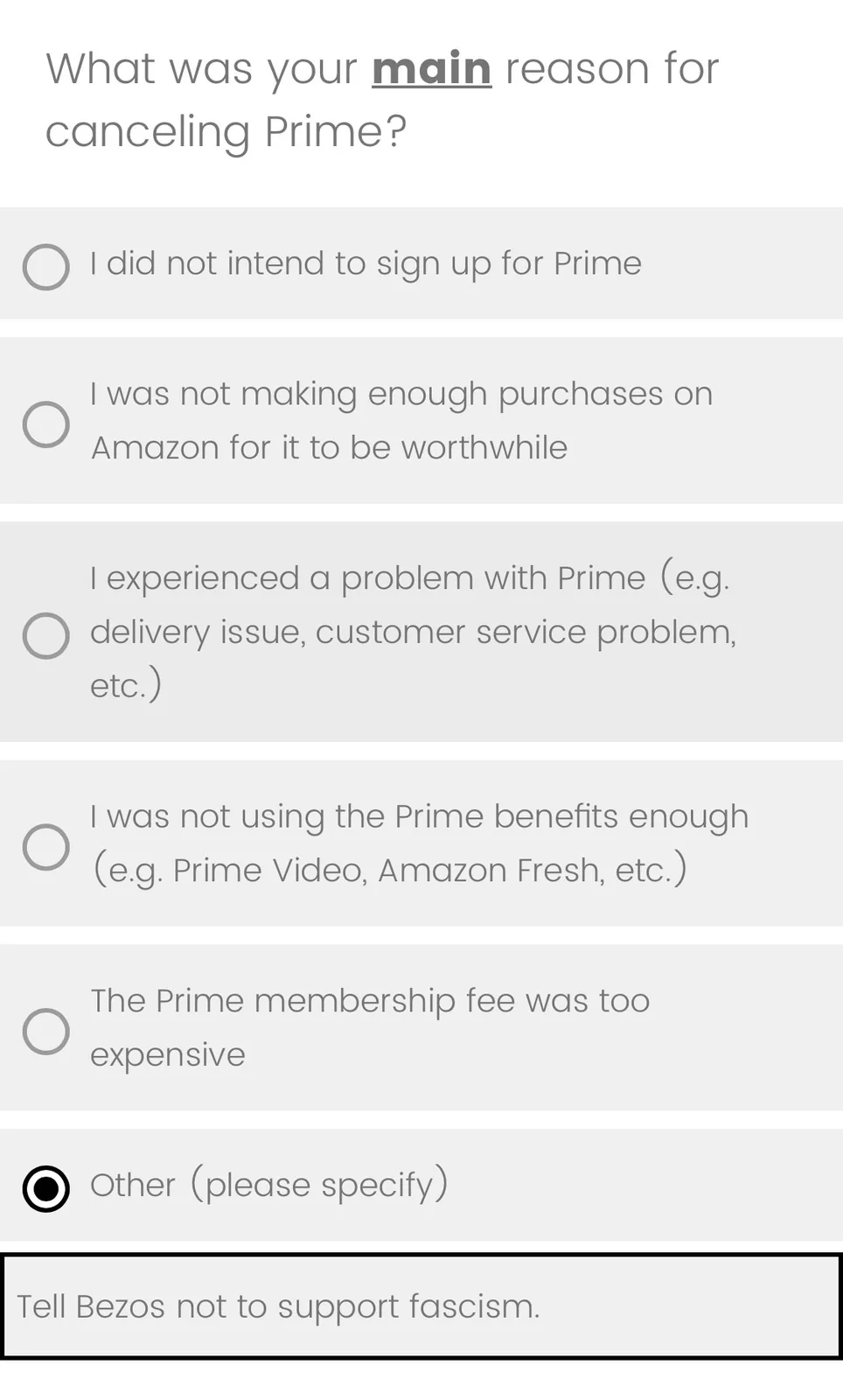 An Amazon Prime cancellation survey asks for the main reason for canceling, listing options like not using benefits or the…