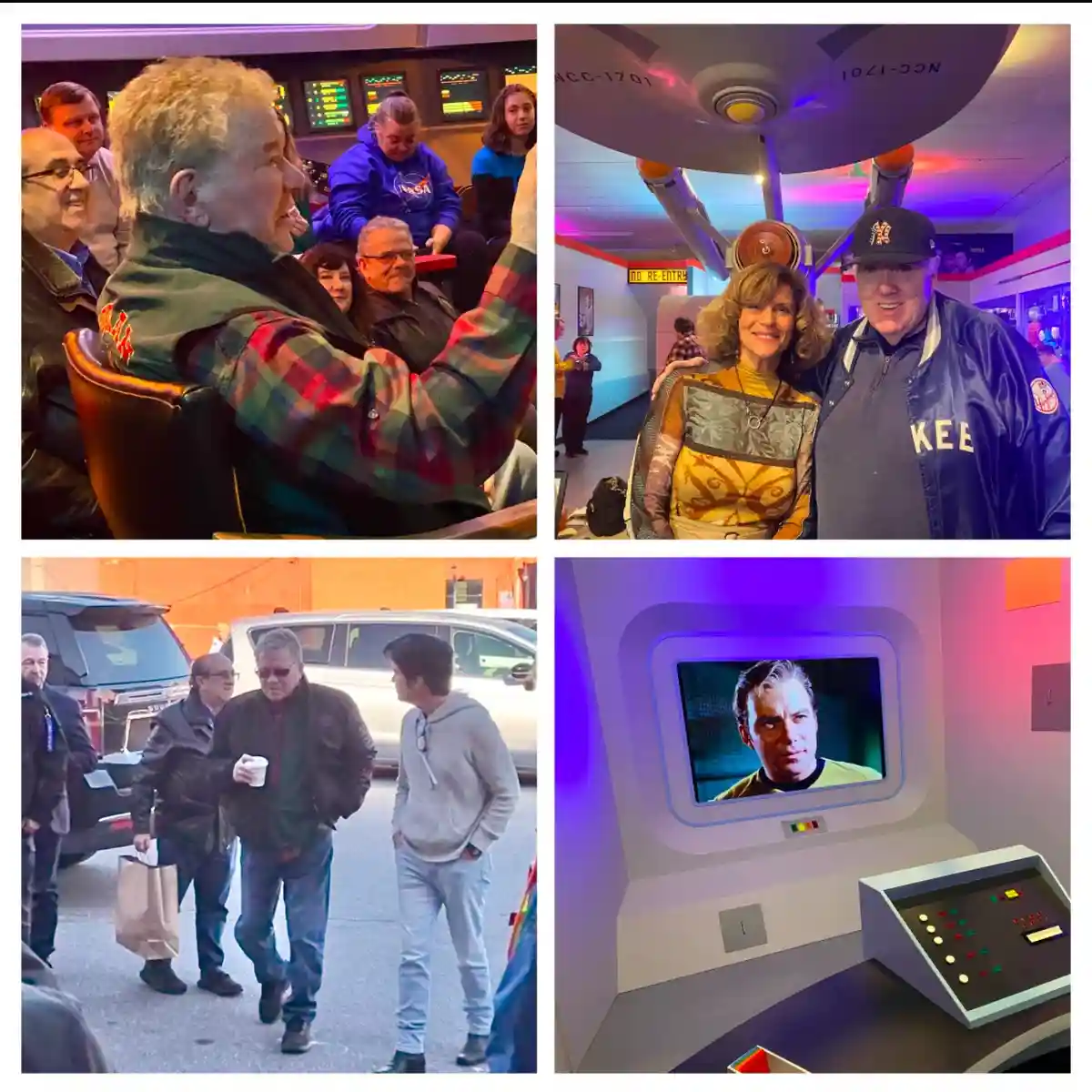 A four-panel collage shows a man in a plaid shirt at a movie theater, posing with a woman in a Star Trek-themed attraction…
