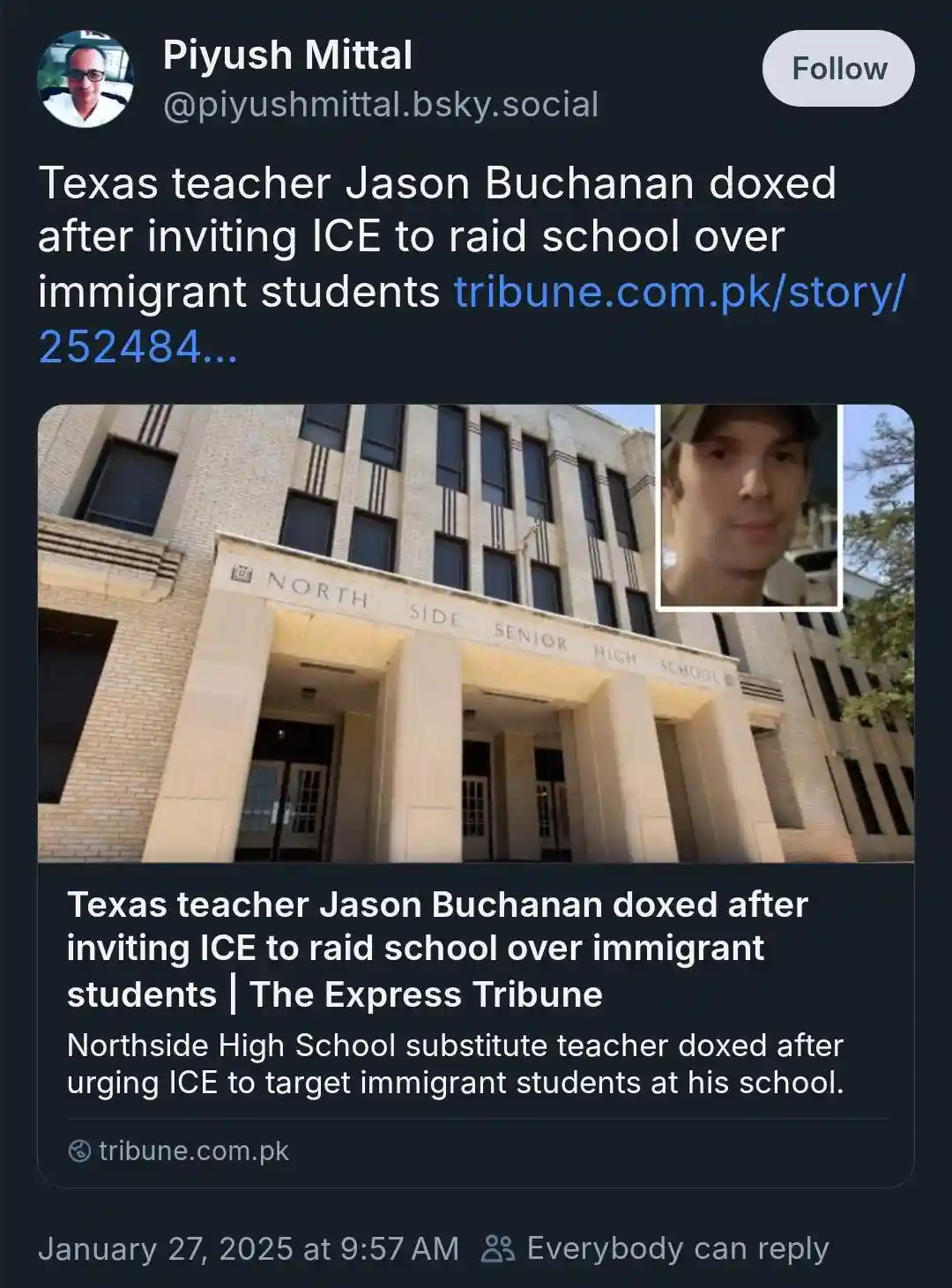 A screenshot of a social media post showing a photo of Northside Senior High School with a small inset image of a young man…