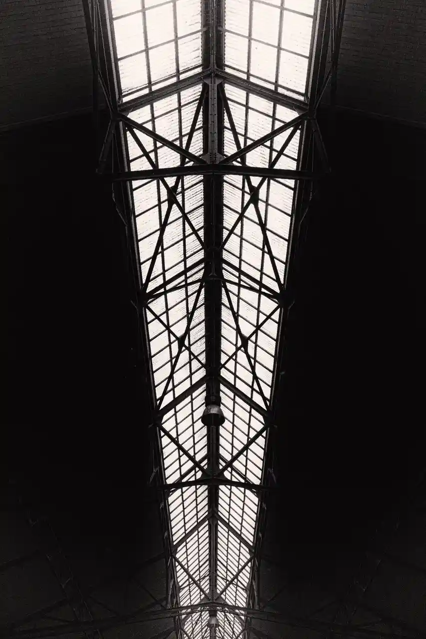 A black-and-white photo looking up at a symmetrical, geometric glass and metal roof structure, with bright light filtering…