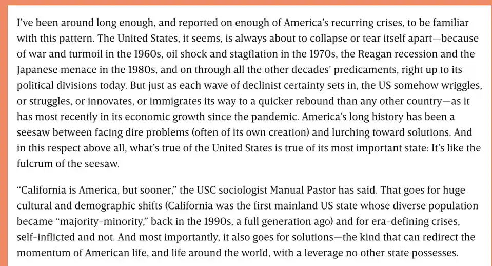 The image displays a block of text from an article discussing America's recurring crises and its resilience, concluding that…