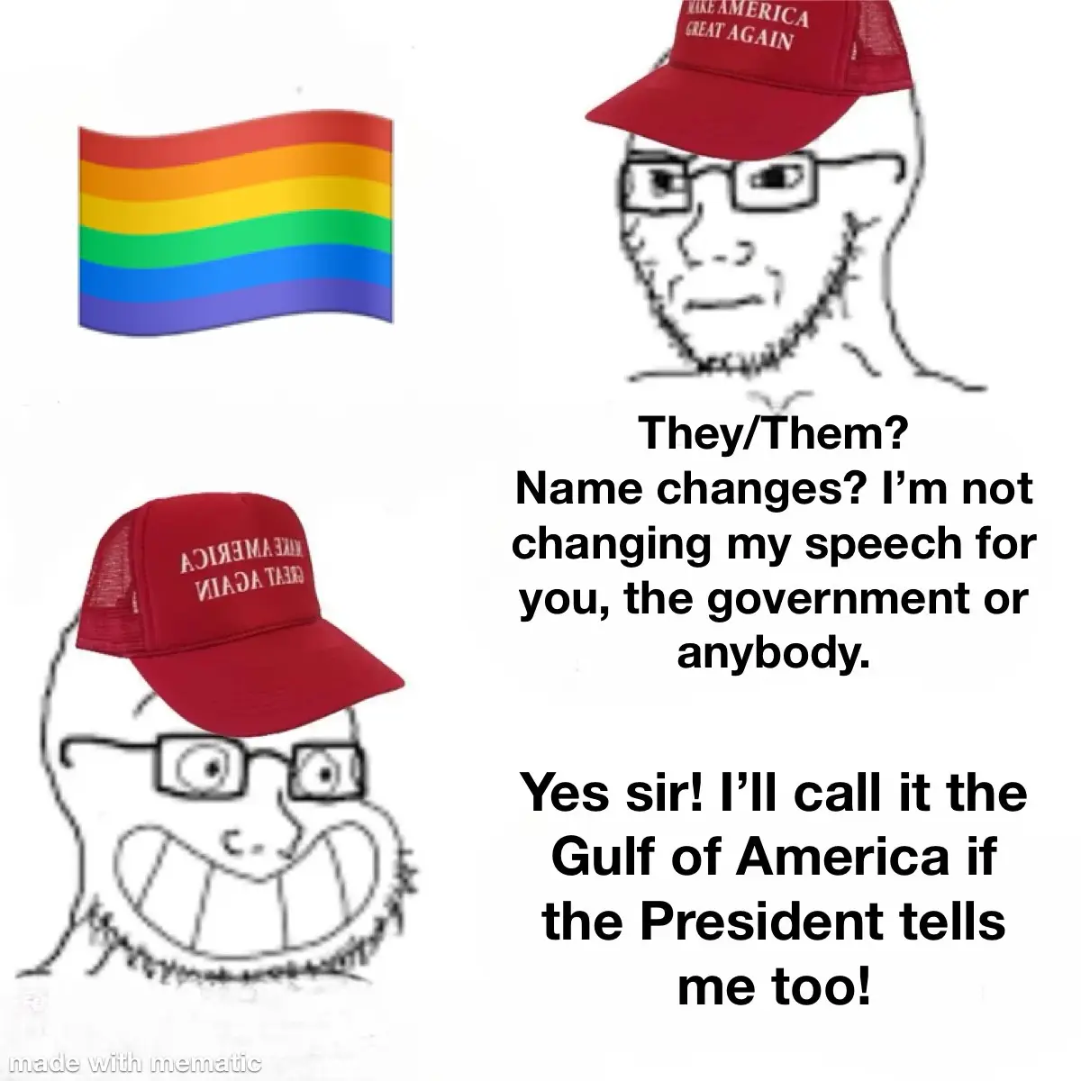 The image displays a rainbow flag emoji on the top left and two panels of the 'they/them?' meme template. The top panel…