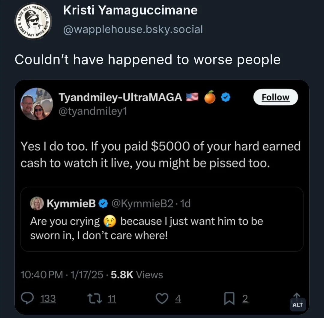 A screenshot of a social media post by Kristi Yamaguccimane showing a reply thread. The top reply from Tyandmiley-UltraMAGA…