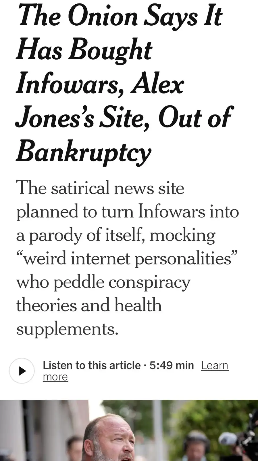 The image displays a screenshot of a satirical news article from The Onion, with the headline 'The Onion Says It Has Bought…