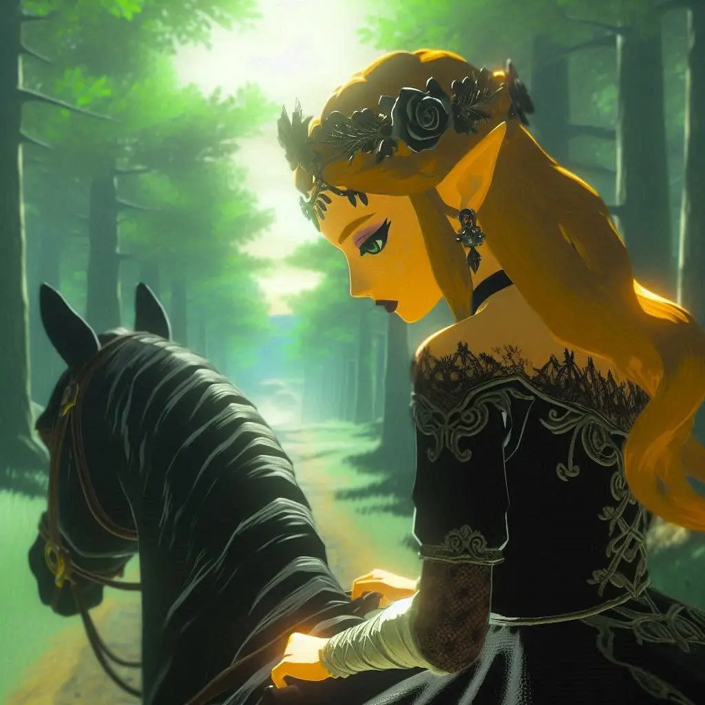 A stylized, anime-like woman with long blonde hair and a black rose crown sits atop a black horse in a sunlit forest…